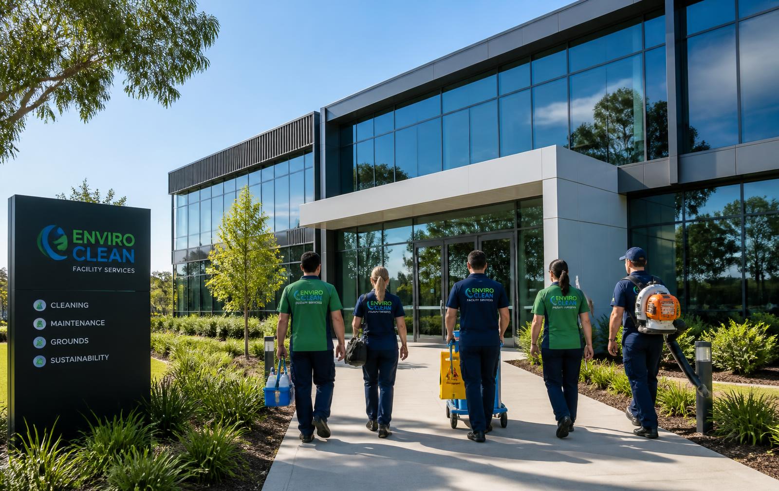 Auswide Green crew arriving at a modern Australian commercial building
